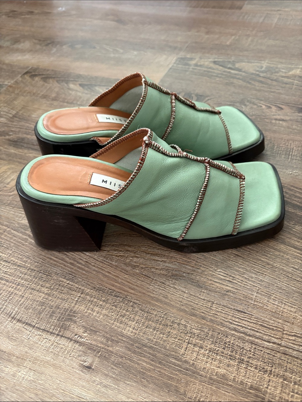 Miista Green Leather Block Heel Mules